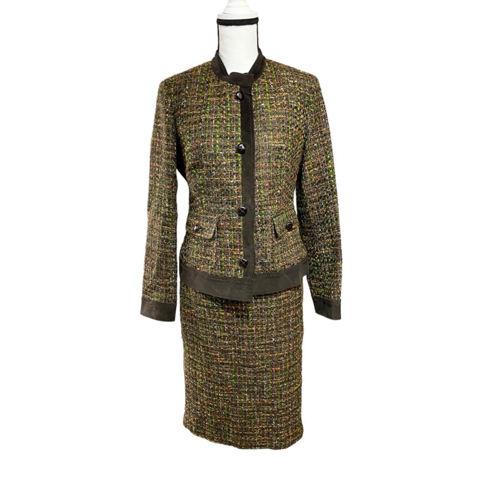 TALBOTS Ladies Brown Tweed with Leather Trim Skirt Suit 6 top 8 bottom